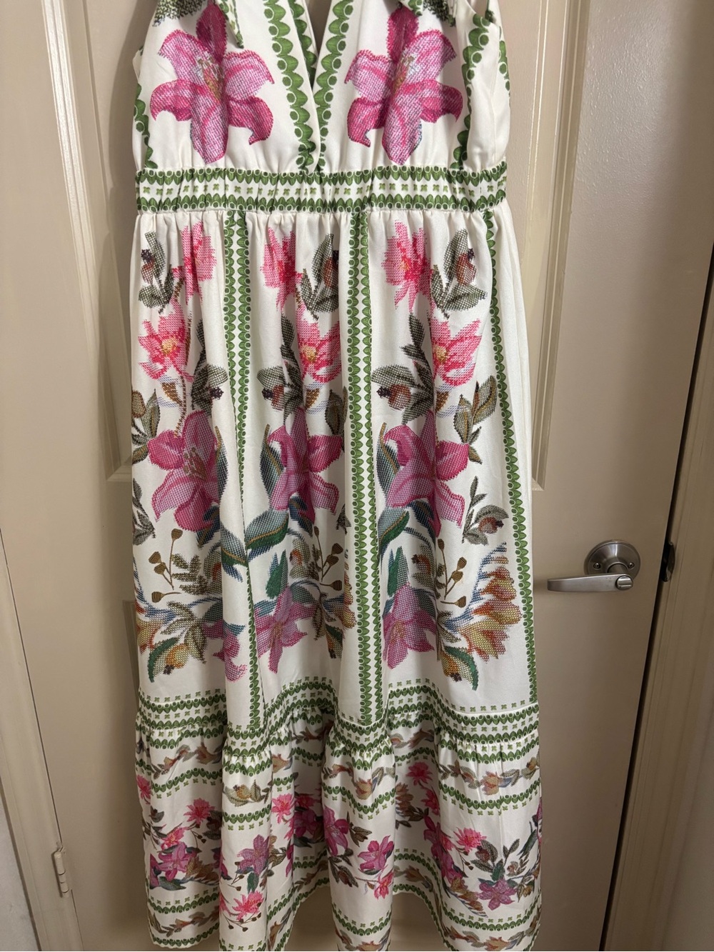 Women’s Floral Tie-Shoulder Maxi Dress - White & Pink - Picture 3 of 3